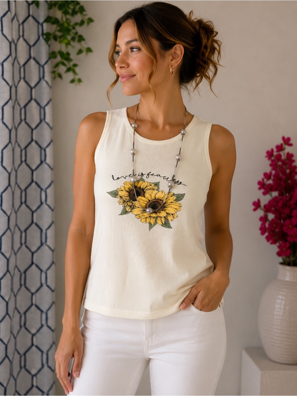 Sunflower Print Cream Tank Top